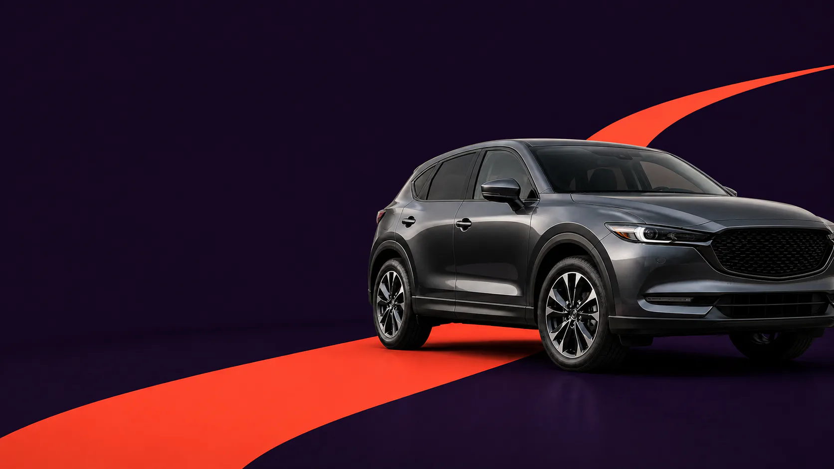 Charcoal SUV on a continuous orange road against a deep purple background